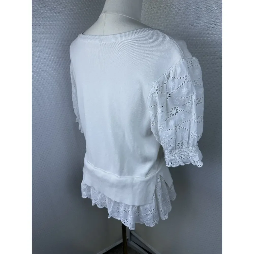 Anthropologie English Factory Eyelet Puff-Sleeve Sweater Tee Anthro Large